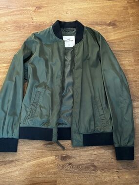 Hollister Olive Green Bomber Jacket with Black Trim Ribbing